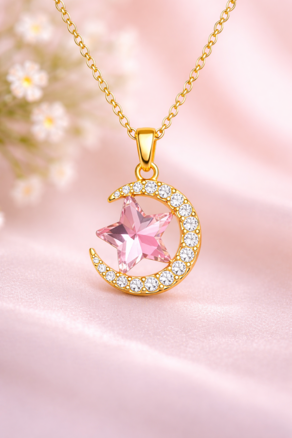 Pink Star Moon Pendant Necklace for Women | Gold Plated Crystal Crescent Moon Necklace