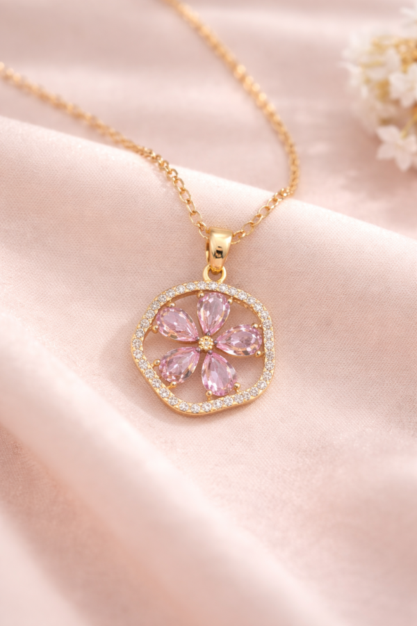 Gold Plated Pink Floral Crystal Pendant Necklace for Women & Girls