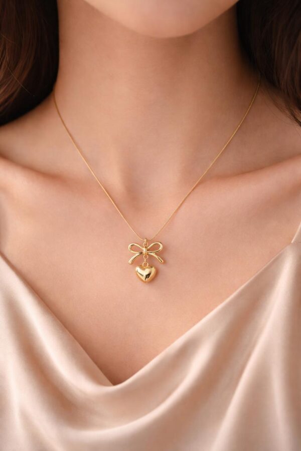 Golden Bow Heart Pendant Necklace for Women | Aesthetic Korean Style Gold Necklace