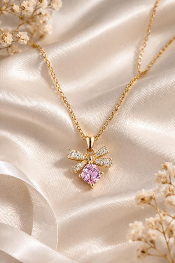 Pink Crystal Bow Pendant Necklace for Women | Aesthetic Korean Style Gold Necklace