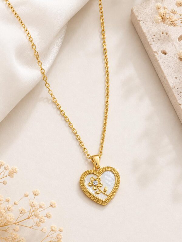 Elegant Gold Heart Flower Pendant Necklace for Women | Anti Tarnish Stainless Steel Heart Pendant | Korean Style Minimal Jewelry Gift for Girls & Women